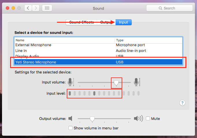 Mac OS, Sound Settings, Input tab