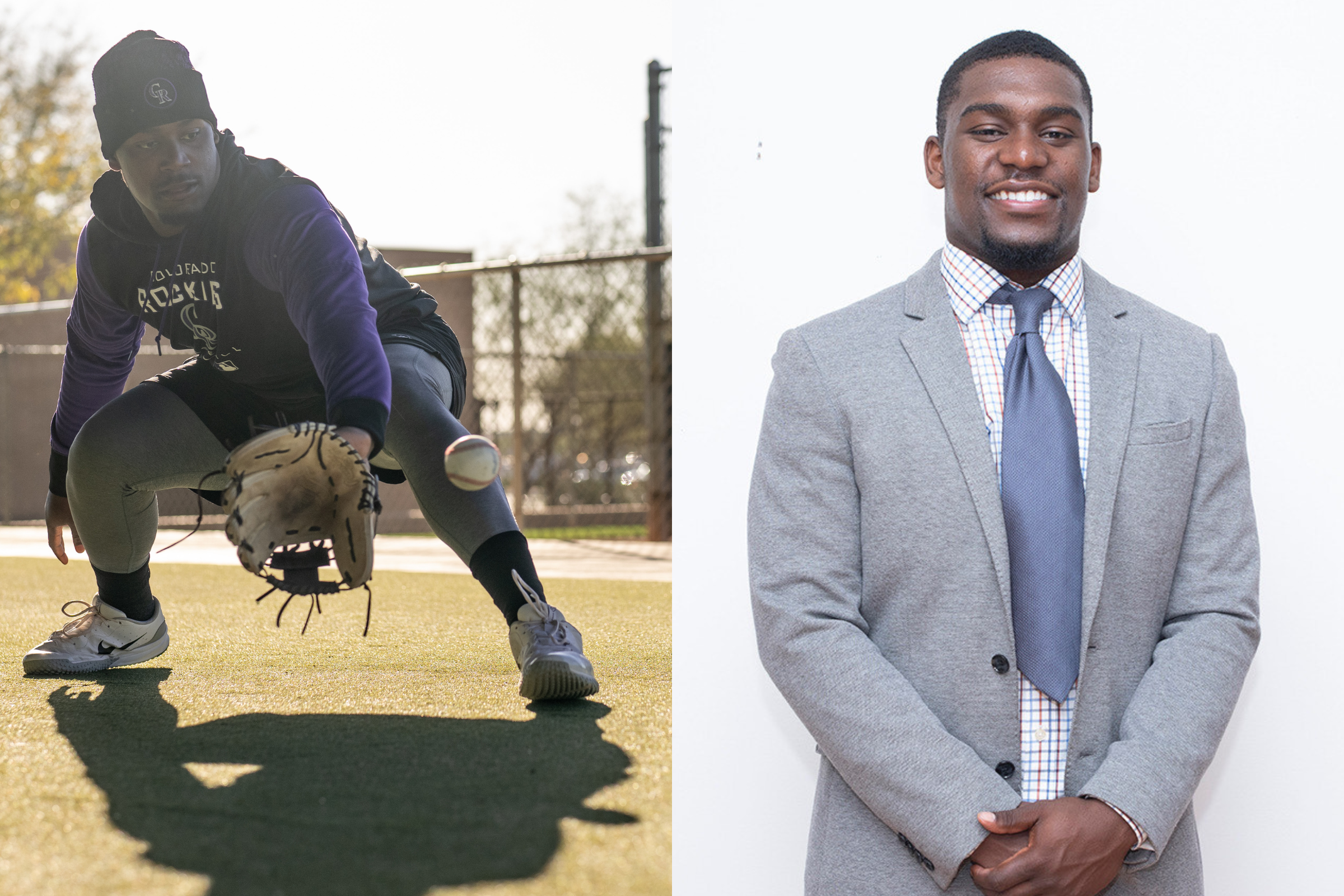 Two pictures of AJ Lewis, playing baseball and a portrait