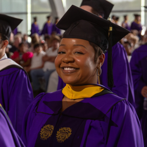 Northwestern SPS graduate smiles proudly, amidst fellow Class of 2026 graduate at the Northwestern SPS convocation ceremony at Ryan Fieldhouse.  