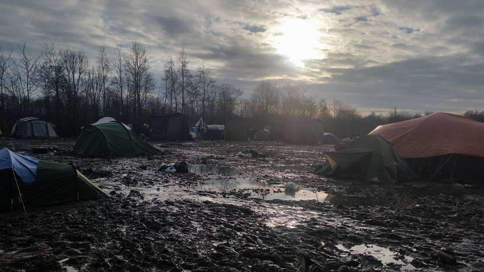 tents in a refugee camp in the morning